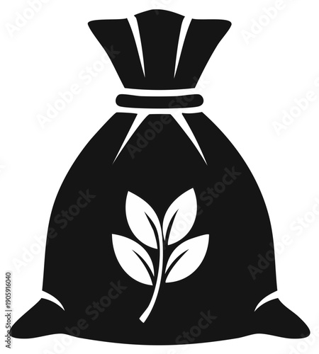 Black Silhouette of a Tied Sack with Growing Plant Symbol