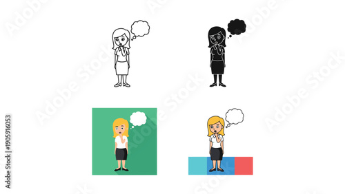 Confused businesswoman with thought bubble in four styles: outline, silhouette, blonde, and brunette.