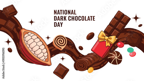 Rich National Dark Chocolate Day celebration featuring premium chocolate bars cocoa pods and flowing swirls of decadent dark chocolate.
