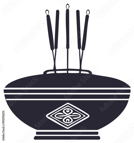 Traditional Incense Burner with Joss Sticks Minimalist Silhouette Design and Cultural Emblem