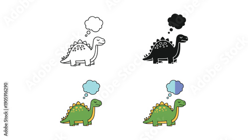 Cute cartoon brachiosaurus thinking, with thought bubbles in outline, silhouette, and color.