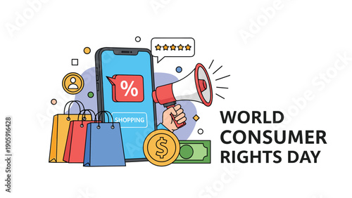 World Consumer Rights Day advocacy concept with megaphone announcement shopping bags and digital protection security symbols.