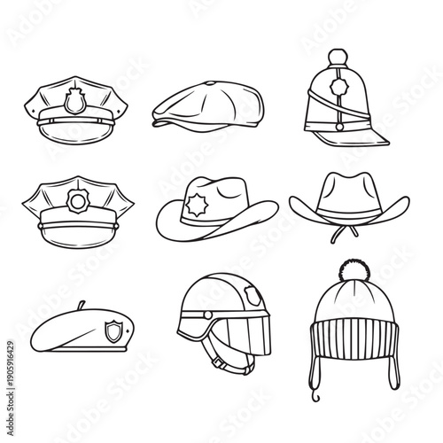 Collection of Headwear Icons: Police Caps, Cowboy Hats, Beret, Helmet, Beanie