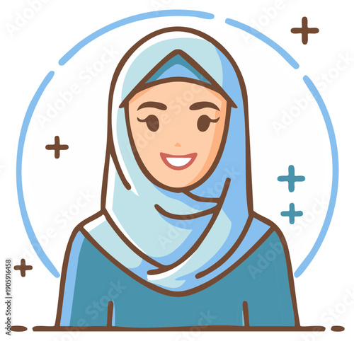 Smiling Woman in Hijab Illustration Cartoon Style Character Portrait