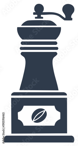 Vintage manual coffee grinder icon with hand crank and bean symbol vector illustration