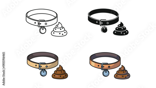 Dog collar and poop pile icon set with different styles and colors.