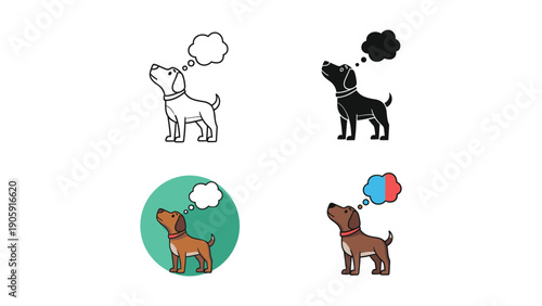 Dog looking up with a thought bubble, available in line art, silhouette, and color versions.
