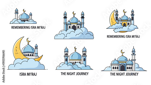 Islamic holiday Isra Mi'raj and The Night Journey illustration set featuring beautiful mosque icons resting on heavenly clouds.