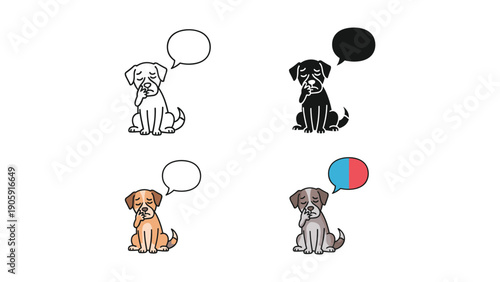Sad dog with a thought bubble, presented in outline, silhouette, and colored variations.