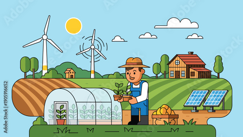 Eco friendly sustainable farming scene with male farmer tending to plants near modern greenhouse and renewable energy systems.