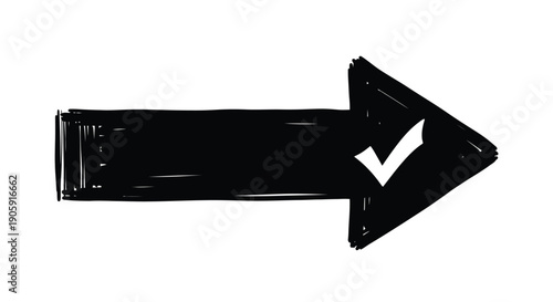 Bold black hand drawn arrow points right with a white check mark indicating selection or approval.