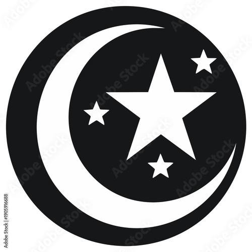 Crescent Moon and Star Icon Night Sky Celestial Body Symbol Black and White