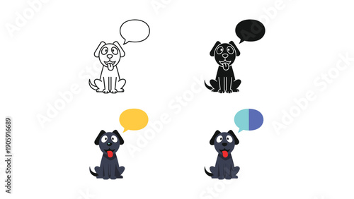 Excited cartoon dog with tongue out and thought bubble, in multiple styles and colors.