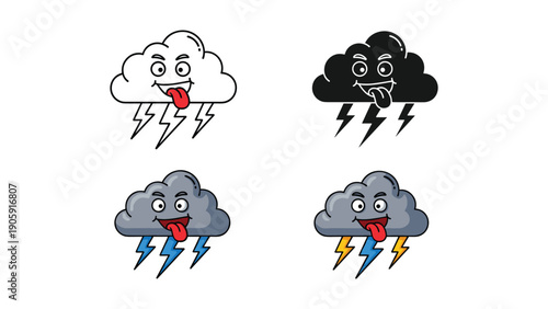 Four cartoonish storm clouds with lightning bolts and silly faces, in outline, black fill, and two grey colored versions.