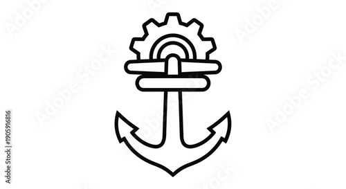 Anchor icon combines with gear and cleat representing maritime industry and mechanical precision.