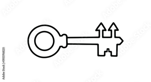 Outline of an antique key featuring two upward-pointing arrow shapes integrated into the bit.