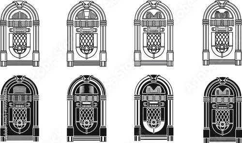 Vintage jukebox illustration set, retro music player vector, classic entertainment artwork, American culture design, nostalgic audio device sketch