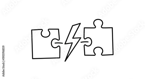 Two puzzle pieces separated by a hand-drawn lightning bolt symbolize conflict or sudden connection.