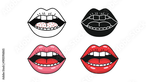 Four expressive mouth icons with teeth showing, including outline, black fill, pink, and red glossy lips, some with playful expressions.