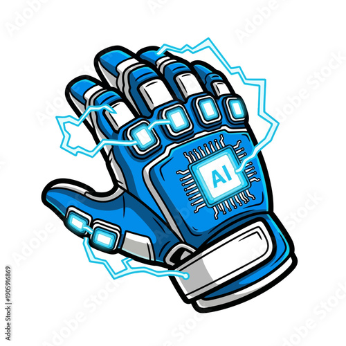 Futuristic blue and white robotic glove featuring an integrated circuit chip displaying the letters ai, symbolizing advanced artificial intelligence technology and power.