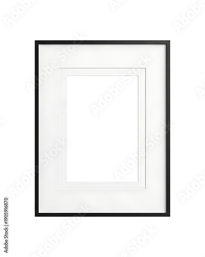A stark black square is centered within a white matte and a simple black frame