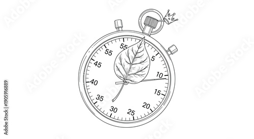 Stopwatch displays a single leaf resting on the center, symbolizing ecological time management.