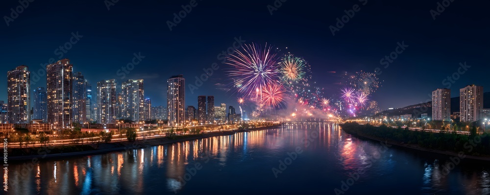 Obraz premium New Year fireworks over river in capital city