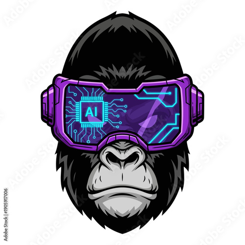Striking illustration of a powerful gorilla mascot wearing futuristic purple virtual reality goggles displaying glowing artificial intelligence circuitry for tech branding.