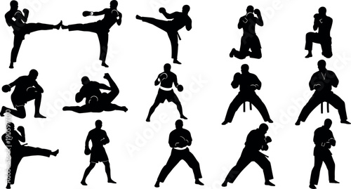 Action Martial Arts Silhouettes Set Featuring Karate Kickboxing Judo and MMA Fighters in Combat Poses for Sport and Fitness Design