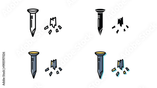 Group of four nail icons showing a broken nail and splinters, in outline, black fill, and two colored options with metal and gold heads.