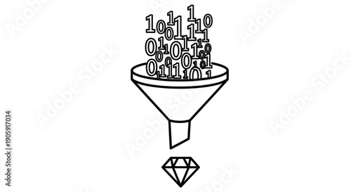 Binary code data is refined through a funnel into a valuable diamond shape.