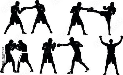 Action Silhouette Set of Professional MMA Fighters and Boxers Engaging in Combat Sports Including Kicking Punching Clinching and Victory Poses