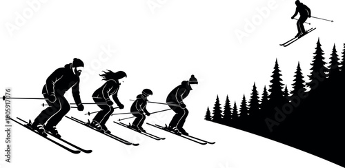 Active Family Group and Professional Skier Jumping Over Pine Tree Forest Silhouette Vector Illustration for Winter Sports and Mountain Vacation