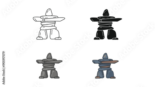 Inukshuk Stone Sculpture Icons: Arctic Landmark in Outline, Silhouette, and Color