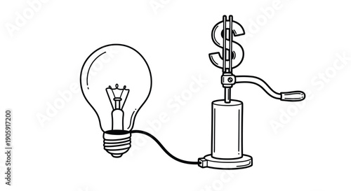 Idea generation involving a lightbulb connected to a hand-crank machine pressing a dollar sign.