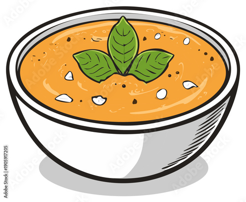 Cartoon illustration of a bowl of orange soup garnished with basil.