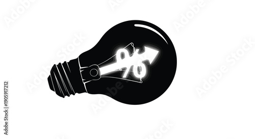 Dark lightbulb glows with a bright upward percentage sign indicating financial growth inspiration.