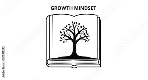 Open book displays a silhouette of a thriving tree symbolizing the concept of growth mindset.