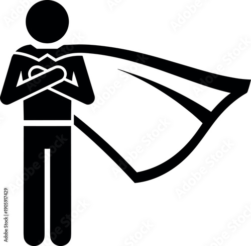 Black and white superhero pictogram icon standing with cape blowing in wind representing courage leadership strength and noble character qualities