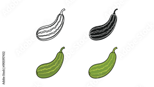 Green striped zucchini icons in outline, silhouette, and colorful illustrated styles.