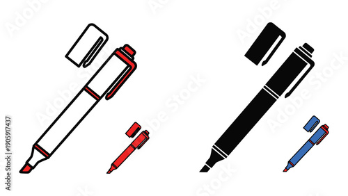 Marker Pen Icon Set: Outline, Silhouette, and Color Variations for Art, Writing, and School Supplies