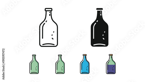 Assorted glass bottle icons for liquids in various colors and styles, including outline and silhouette.