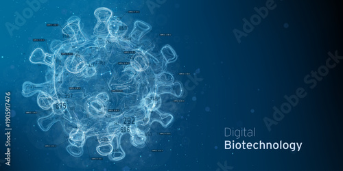 Abstract blue Virus Cell Cyber Technology illustration. Pathogen digital biotechnology futuristic concept. Biology innovative research backdrop.