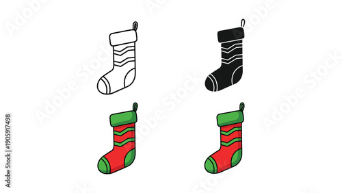 Set of four Christmas stocking icons in outline, silhouette, and red and green color variations.