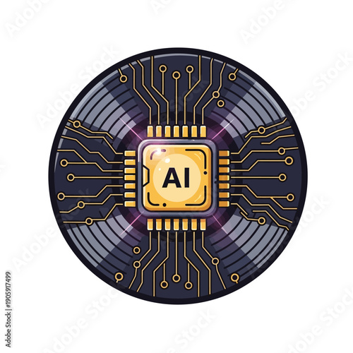 Stylized illustration of a central artificial intelligence processor chip glowing with internal energy and detailed circuit board pathways.