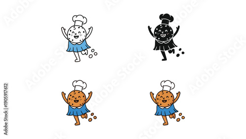 Cute anthropomorphic cookie characters in different styles, wearing chef hats and dancing joyfully.