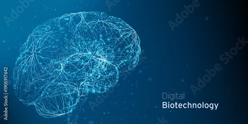 Abstract brain digital neuron system illustration. AI synapses and glowing neurons. Conceptual cyber biotechnology artificial intelligence. Brain structure. Futuristic mind scan.