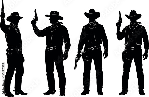 Black Silhouette Set of Cowboy Outlaws with Revolver Pistols Wearing Traditional Western Hats and Bandanas Isolated on White Background Vector