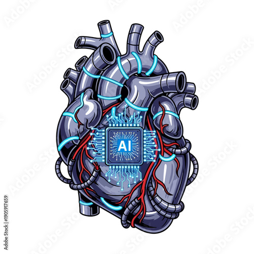 Striking illustration depicts a metallic, cyborg heart integrated with a glowing blue artificial intelligence microchip and illuminated circulatory tubing systems.
