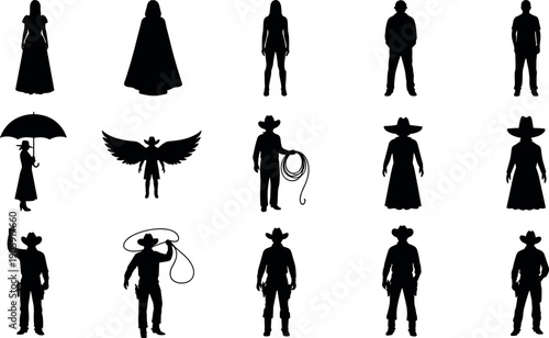 Set of black silhouettes featuring cowboys with lassos, winged figures, victorian women with umbrellas, caped characters, and western gunfighter poses.